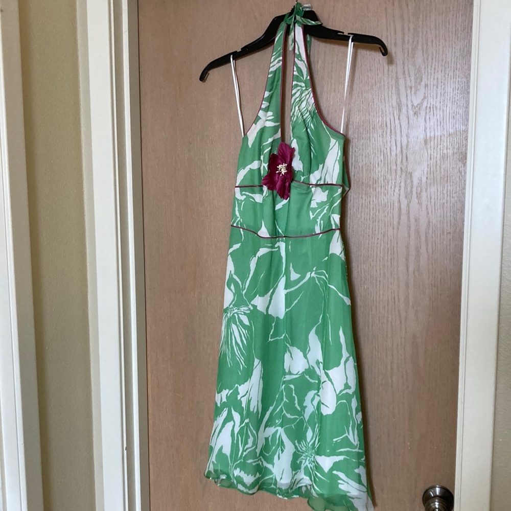 ABS silk floral halter dress with flower decal